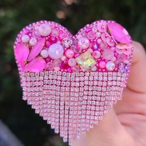 Heart brooch/pin with Swarovski crystals, beads,pearls,sequin and silver leather